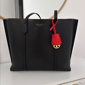 Tory Burch Black and Red Tote Bag with Structured Design and Textured Leather